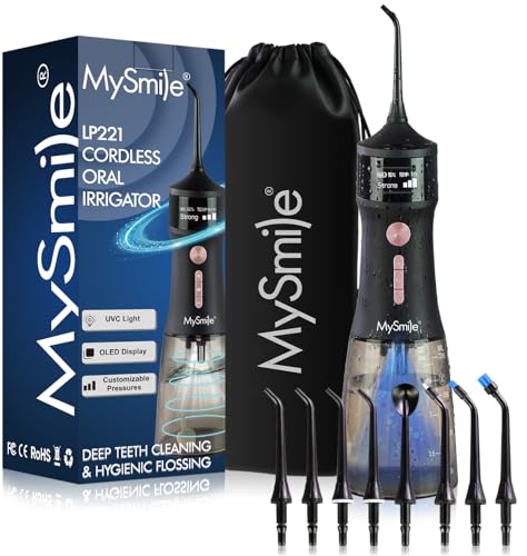 MySmile LP221 Cordless Water Flossers for Teeth with UVC Light Sanitizer and OLED Display 335ML 4 Modes Water Teeth Cleaner Picks for Teeth Cleaning and Water Flossing Midnight Black - Image 1