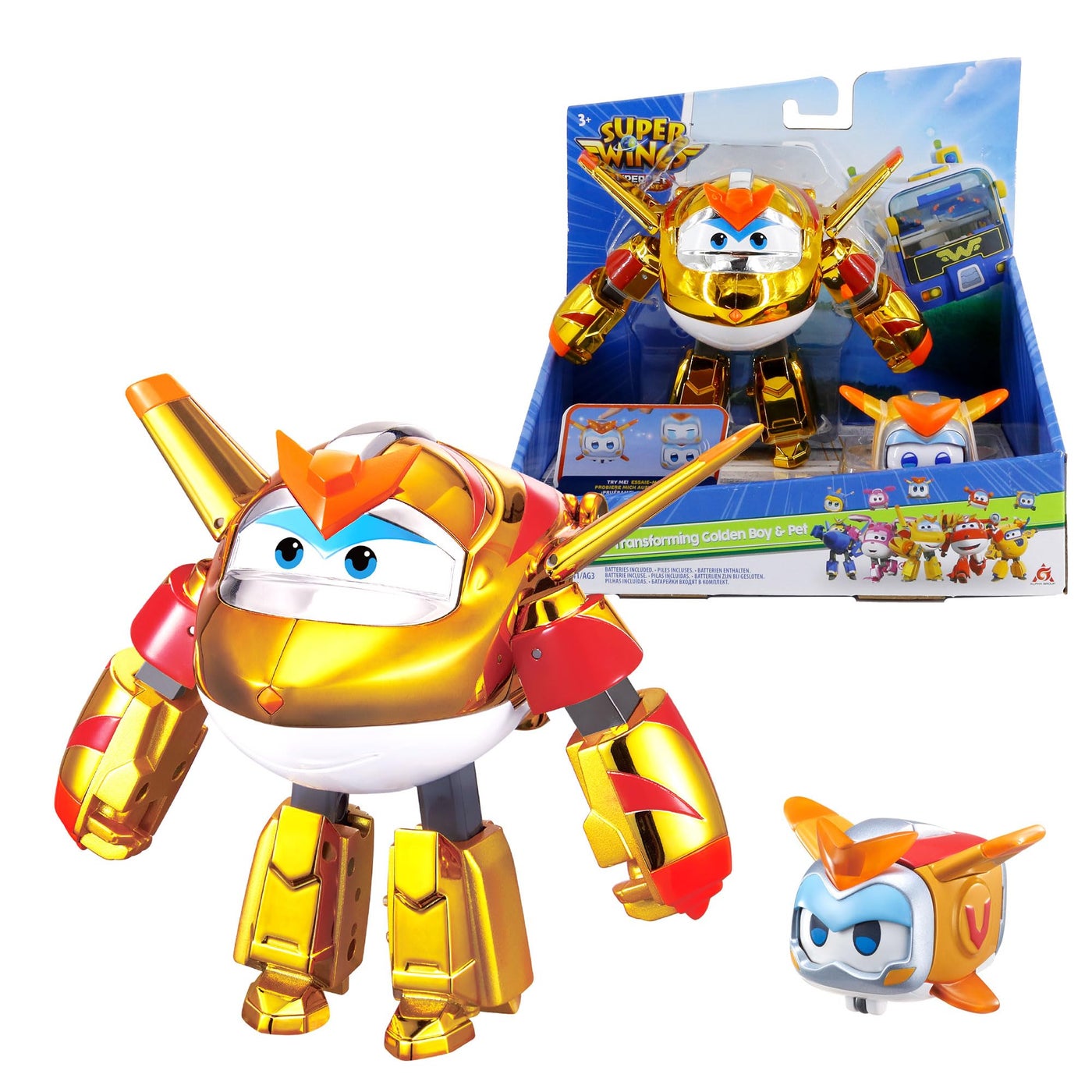 Super Wings 5" Transforming 2-Pack Supercharged Golden Boy & Super Pet with Light Effect, Season 7 Airplane to Robot Transformer Toys, Preschool Birthday Gifts for Kids 3+
