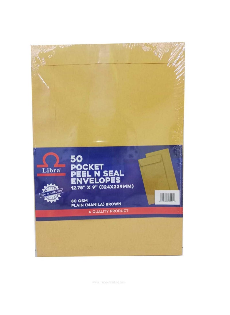 Libra A4 Brown Envelopes 12.75×9 – 80GSM (Peel & Seal 50 Pieces Box)  - Image 1