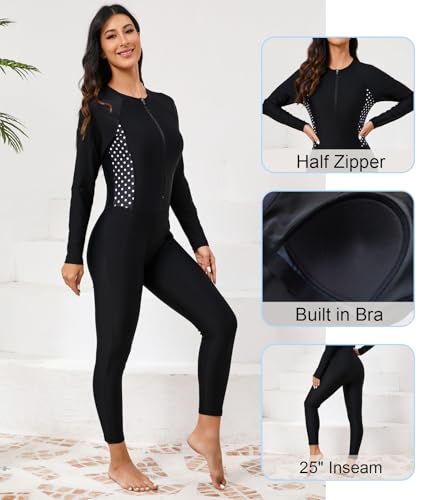 ALLTOKE Womens Full Body Rash Guard with Built in Bra Long Sleeve One Piece Swimsuit Upf50+ Zip Front Bathing Suit Black White Polka Dot XS - Image 4