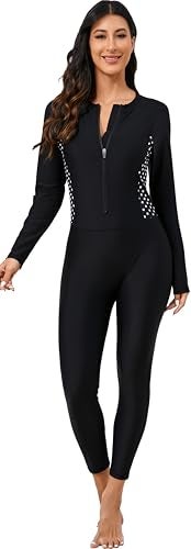 ALLTOKE Womens Full Body Rash Guard with Built in Bra Long Sleeve One Piece Swimsuit Upf50+ Zip Front Bathing Suit Black White Polka Dot XS - Image 1