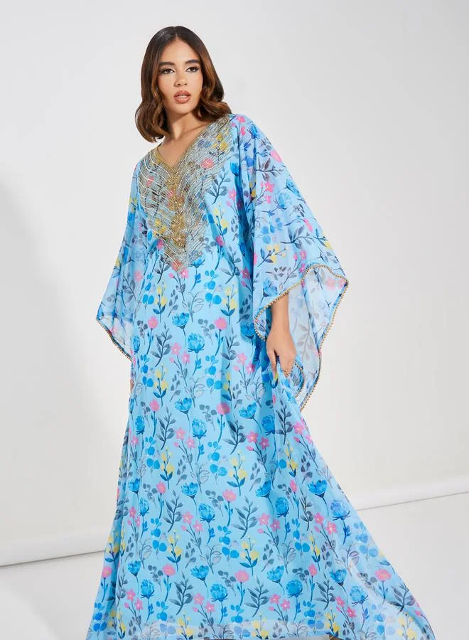 Maxim Creation Floral Print Kaftan with Embroidery Panel by Styli