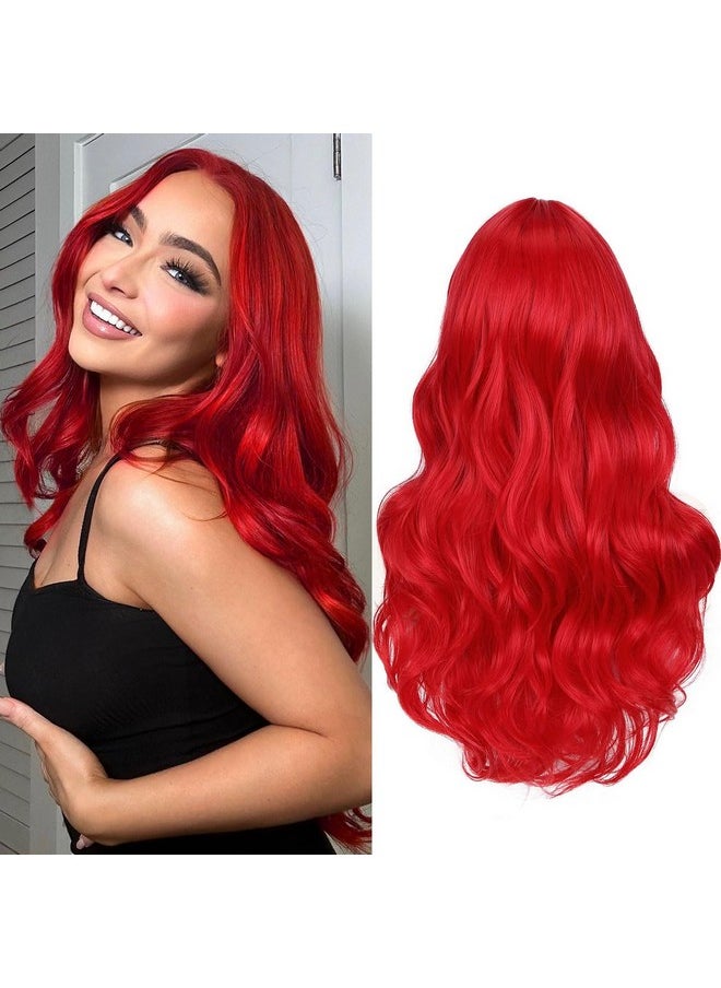 Fancy Hair Long Red Wavy Wigs For Women Curly Middle Part Red Wig Natural Looking Synthetic Heat Resistant Fiber Wigs Hair For Daily Party Use (Bright Red)  - Image 1