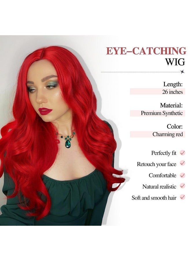 Fancy Hair Long Red Wavy Wigs For Women Curly Middle Part Red Wig Natural Looking Synthetic Heat Resistant Fiber Wigs Hair For Daily Party Use (Bright Red)  - Image 2