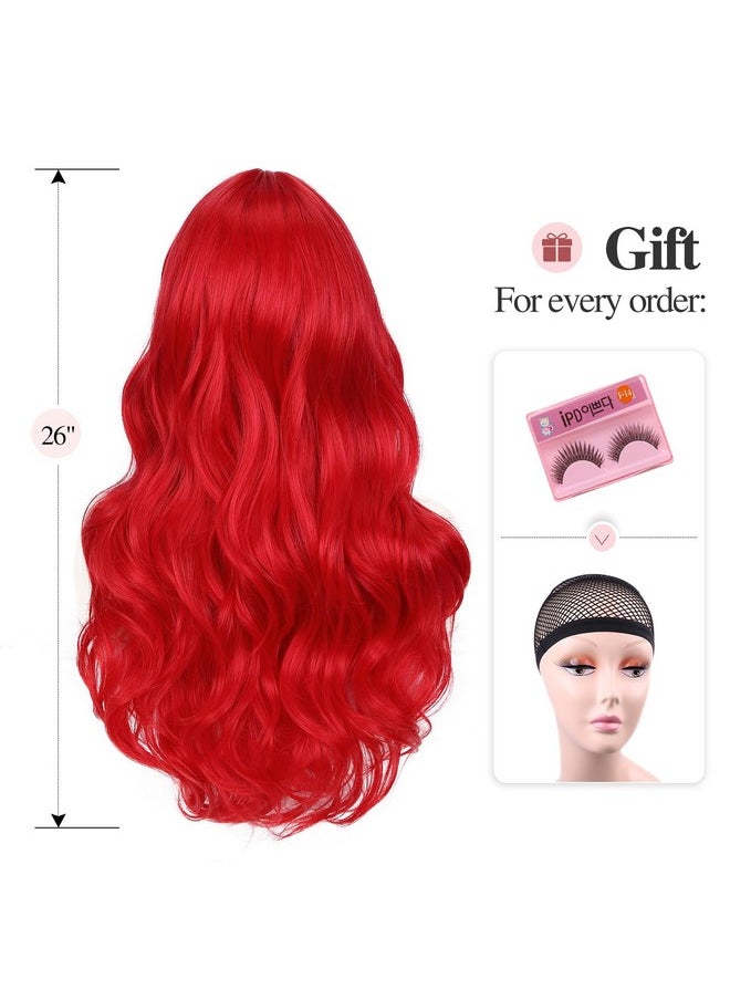 Fancy Hair Long Red Wavy Wigs For Women Curly Middle Part Red Wig Natural Looking Synthetic Heat Resistant Fiber Wigs Hair For Daily Party Use (Bright Red)  - Image 3