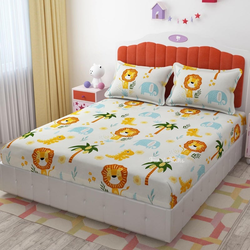 Filymore Cute Lion Double Bed Sheet for Queen Size Bed with 2 Pillow Covers for Kids Bedroom 240 TC Made with Pure Microfiber Color Blue and Yellow 90x90 inches - Image 3