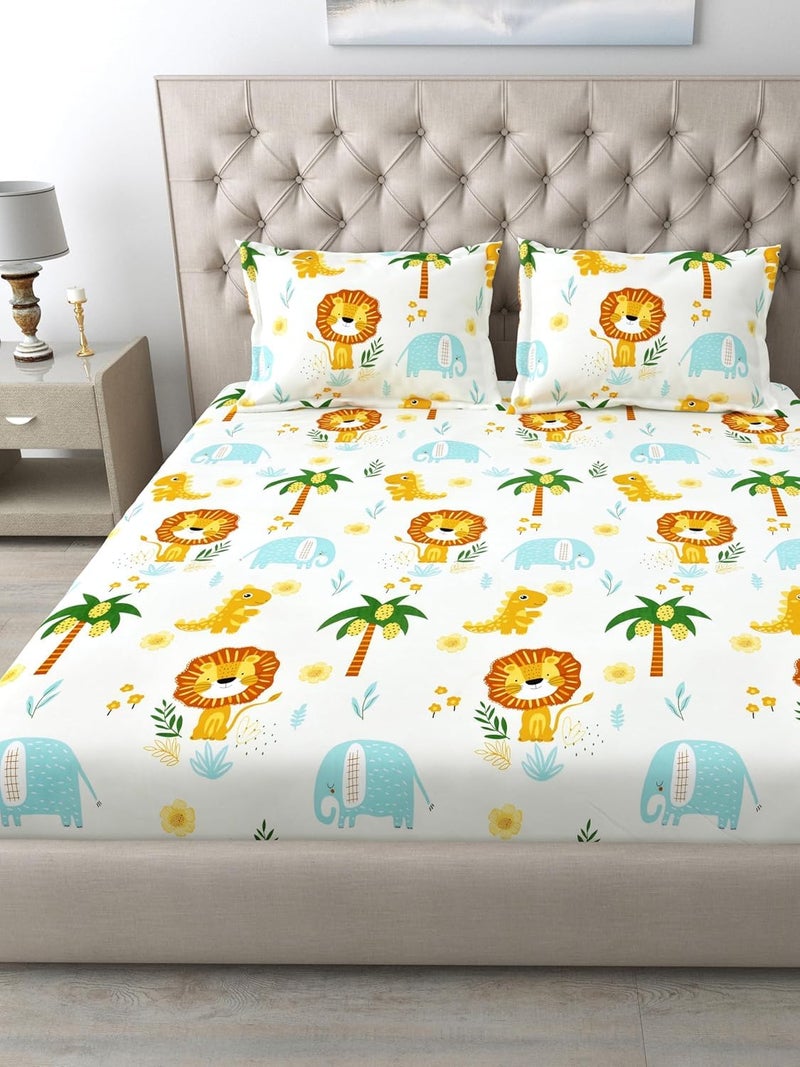 Filymore Cute Lion Double Bed Sheet for Queen Size Bed with 2 Pillow Covers for Kids Bedroom 240 TC Made with Pure Microfiber Color Blue and Yellow 90x90 inches - Image 2