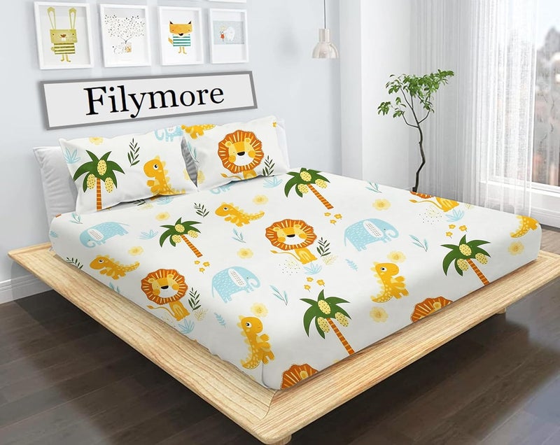 Filymore Cute Lion Double Bed Sheet for Queen Size Bed with 2 Pillow Covers for Kids Bedroom 240 TC Made with Pure Microfiber Color Blue and Yellow 90x90 inches - Image 1