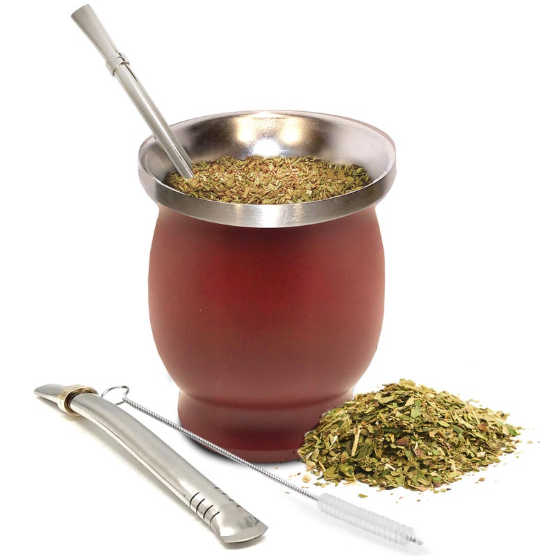Norte Yerba Mate Cup Kit 8Ounces Traditional Mate Tea CupGourd Set  Includes 2 Bombillas Yerba Mate Straw  Cleaning Brush Stainless Steel Cup DoubleWalled Easy to Clean  Burgundy