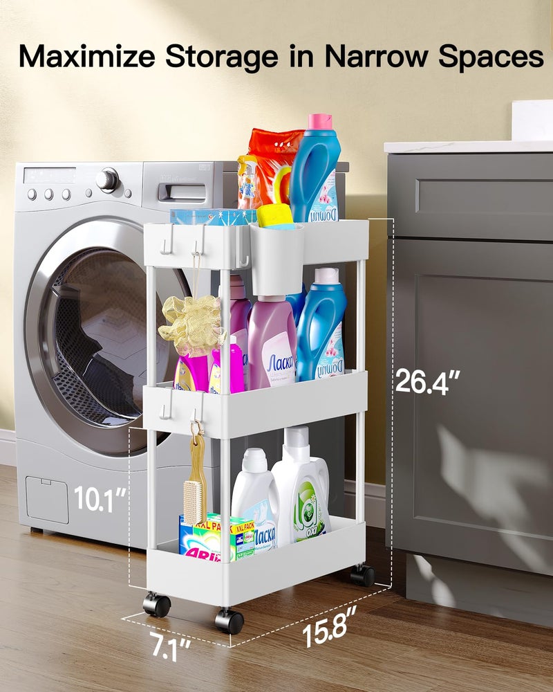 Pipishell Slim Storage Cart with Wheels, Bathroom Cart Organizer Small, Rolling Cart for Bathroom, Laundry Room, Kitchen, Narrow Space, White PIUC04W, 7.08/''D X 15.7/''W X 25.2/''H - Image 3