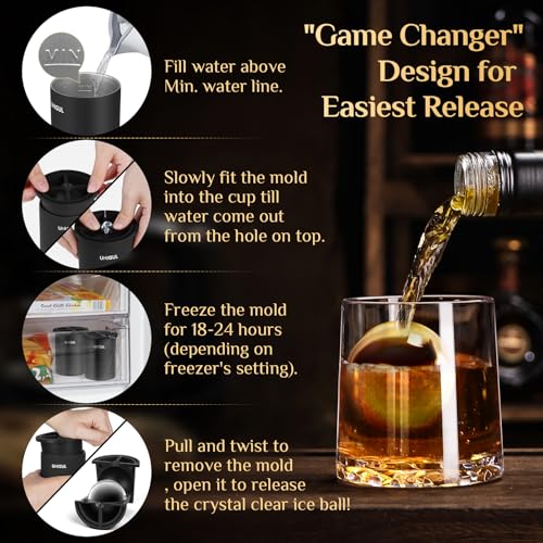 Unigul Clear Ice Cube Maker, 2.5" Stainless Steel Crystal Clear Ice Ball Maker, Non-BPA Silicone Ice Cube Molds for Whiskey Easy Release Ice Maker, Bourbon Gifts for Men (Black, 4 PACK) - Image 4
