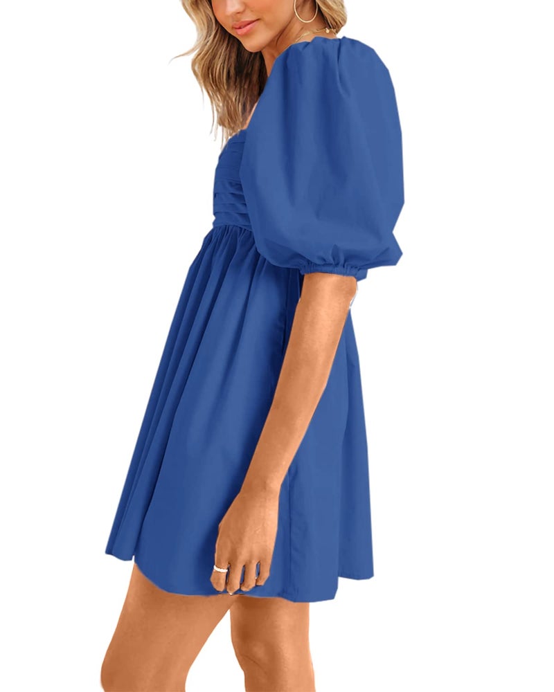 Ebifin Womens Square Neck Dresses Half Puff Sleeve High Waist A-Line Casual Backless Smocked Short Babydoll Mini Dress - Image 2