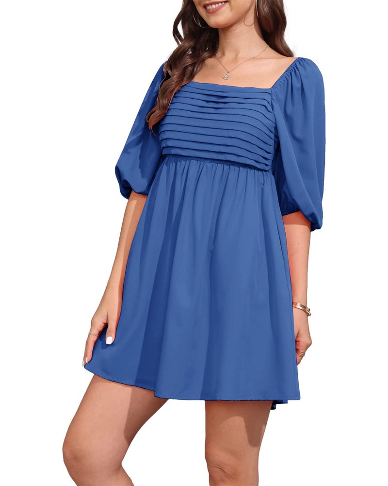 Ebifin Womens Square Neck Dresses Half Puff Sleeve High Waist A-Line Casual Backless Smocked Short Babydoll Mini Dress - Image 5