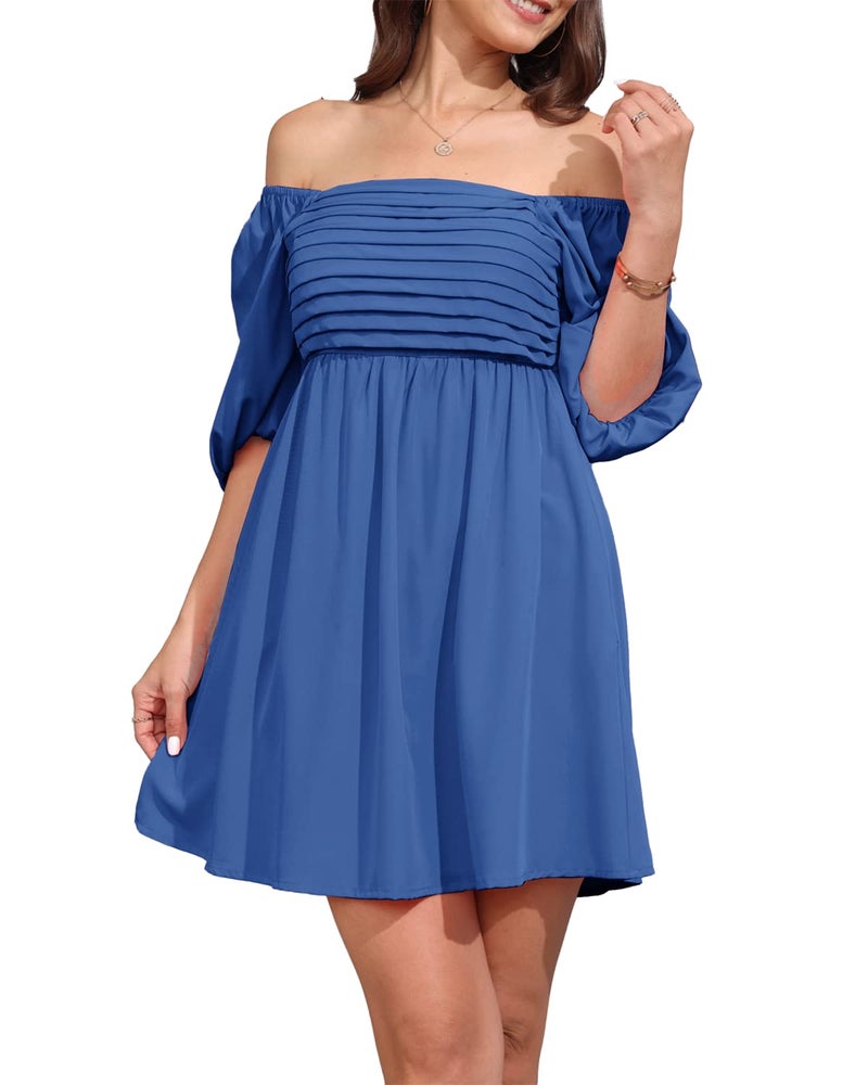 Ebifin Womens Square Neck Dresses Half Puff Sleeve High Waist A-Line Casual Backless Smocked Short Babydoll Mini Dress - Image 3