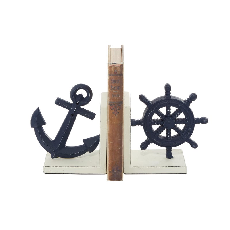 Deco 79 Deco 79 Metal Anchor and Ship Wheel Bookends Set of 2 6W 6H Blue