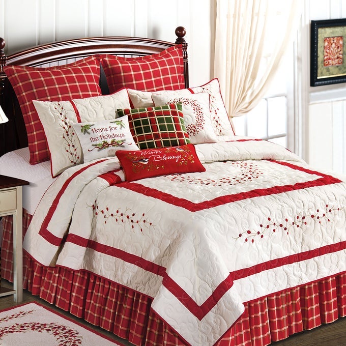 BERRY WREATH KING QUILT 100 COTTON LIGHTWEIGHT MACHINE WASHABLE REVERSIBLE BEDSPREAD COVERLET KING RED