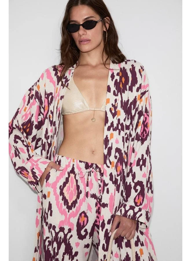GRIMELANGE NARVENA Women's Linen-Blend Detailed Print Comfortable Fit Pink Kimono.