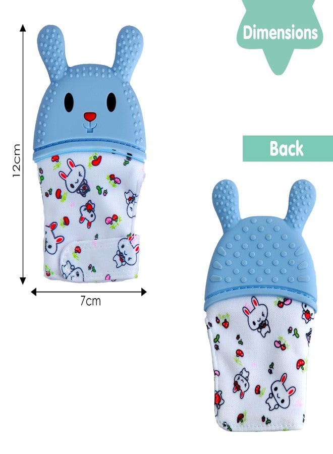 BabyMoo قفاز تسنين سيليكون أزرق بتصميم أرنب صغير يأكل الجزر، مهدئ للأطفال الرضع، مزود بحزام قابل للتعديل، يصدر صوتًا عند الضغط عليه، وملمس سيليكون ناعم لتهدئة اللثة الملتهبة والمتورمة، مناسب للأطفال من عمر 3 أشهر فما فوق. - Image 2