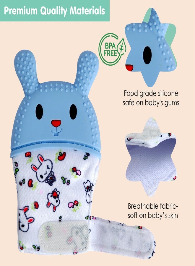 BabyMoo قفاز تسنين سيليكون أزرق بتصميم أرنب صغير يأكل الجزر، مهدئ للأطفال الرضع، مزود بحزام قابل للتعديل، يصدر صوتًا عند الضغط عليه، وملمس سيليكون ناعم لتهدئة اللثة الملتهبة والمتورمة، مناسب للأطفال من عمر 3 أشهر فما فوق. - Image 3