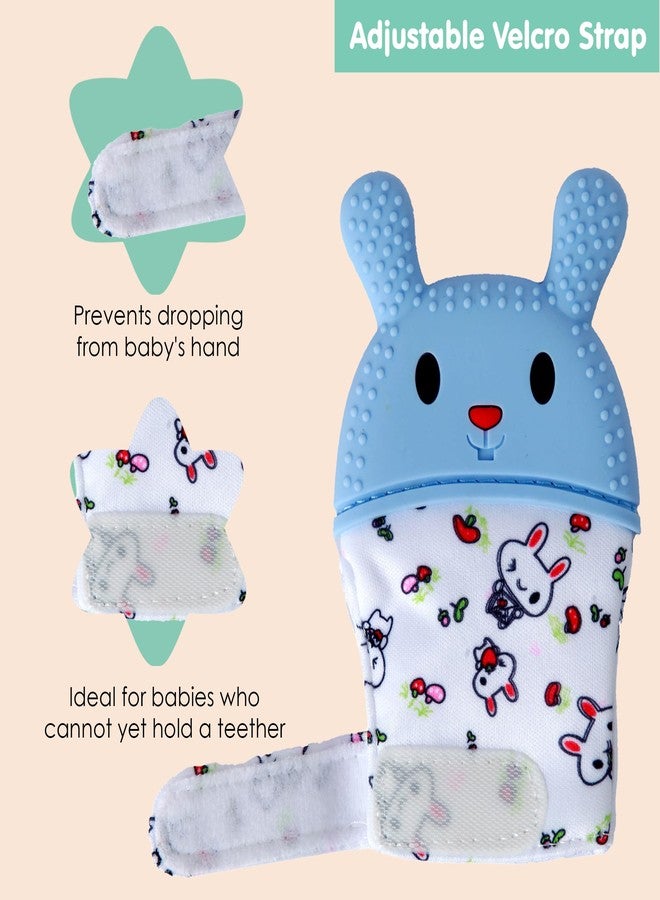 BabyMoo قفاز تسنين سيليكون أزرق بتصميم أرنب صغير يأكل الجزر، مهدئ للأطفال الرضع، مزود بحزام قابل للتعديل، يصدر صوتًا عند الضغط عليه، وملمس سيليكون ناعم لتهدئة اللثة الملتهبة والمتورمة، مناسب للأطفال من عمر 3 أشهر فما فوق. - Image 4