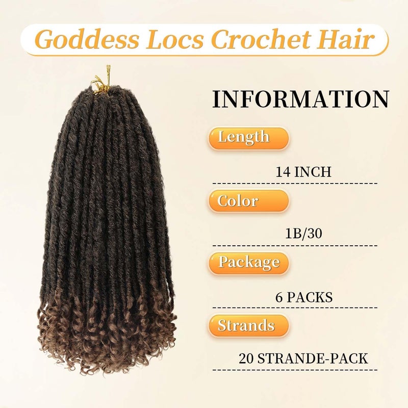 MODERN QUEEN 6 Packs Goddess Locs Crochet Hair, 14 Inch Straight Faux Locs Crochet Braids, Pre-Looped Curly Soft Synthetic Ombre Braiding Hair Extensions for Black Women(14 Inch, 6 Packs, 1B/30#) - Image 2
