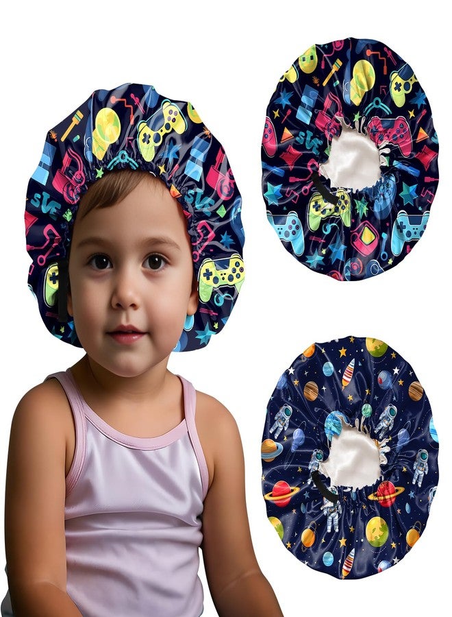 BHAHB 2 PCS Kids Bonnets for Girls Boys Satin Silk Hair Bonnets Double Layer Elastic Adjustable Hair Caps for Sleeping Reusable Cute Aesthetic-Blue - Image 1