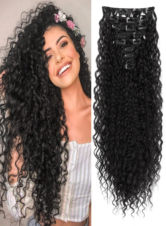 LONAI Black Hair Extension,9PCS 22" Curly Clip in Hair Extensions LN002 Long Soft Thick Synthetic Hairpieces for Women-Black - Image 1