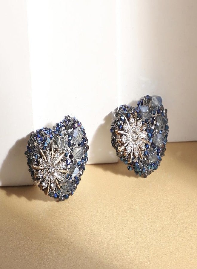 SOHI Women's Flora Heart Stud Earrings For Casual Wear | Midnight Blue Colour | Acrylic Material | Push Pin Closure | Artificial Stones Earrings | Fashion Stud Earrings For Woman & Girls - Image 3