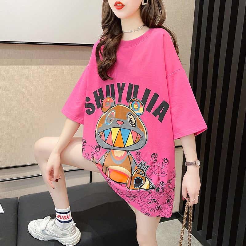 Women'S Summer Mid-Length Loose Short-Sleeved Hole Tiny Machine T-Shirt - Image 2