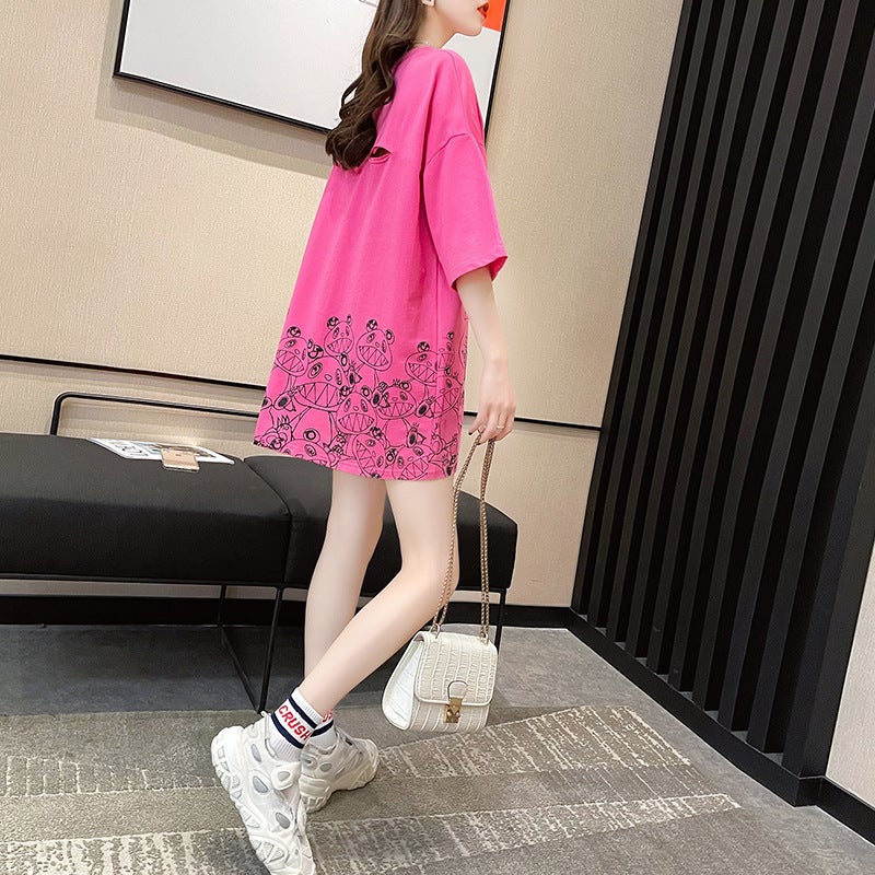 Women'S Summer Mid-Length Loose Short-Sleeved Hole Tiny Machine T-Shirt - Image 3
