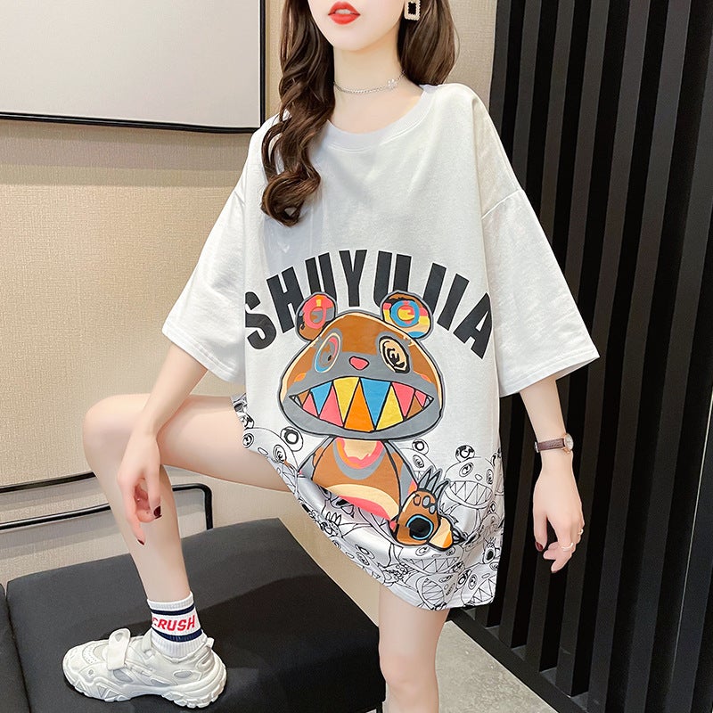 Women'S Summer Mid-Length Loose Short-Sleeved Hole Tiny Machine T-Shirt - Image 4
