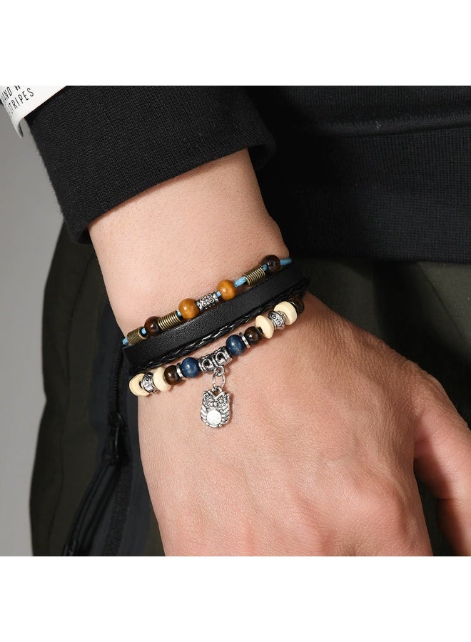 Goolsky New Retro Beaded Cowhide Bracelet - Multi-Layer Personalized Owl Pendant Couples' Leather Wristband - Image 1