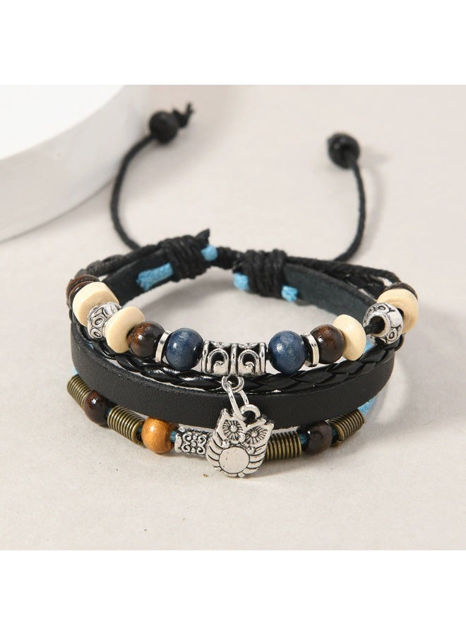 Goolsky New Retro Beaded Cowhide Bracelet - Multi-Layer Personalized Owl Pendant Couples' Leather Wristband - Image 3