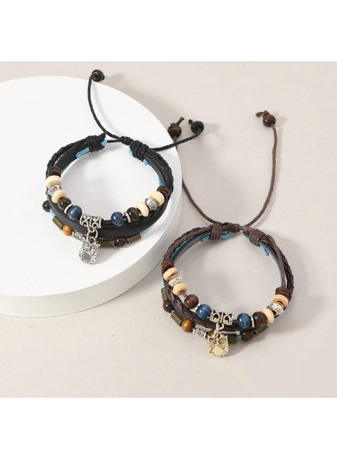Goolsky New Retro Beaded Cowhide Bracelet - Multi-Layer Personalized Owl Pendant Couples' Leather Wristband - Image 4
