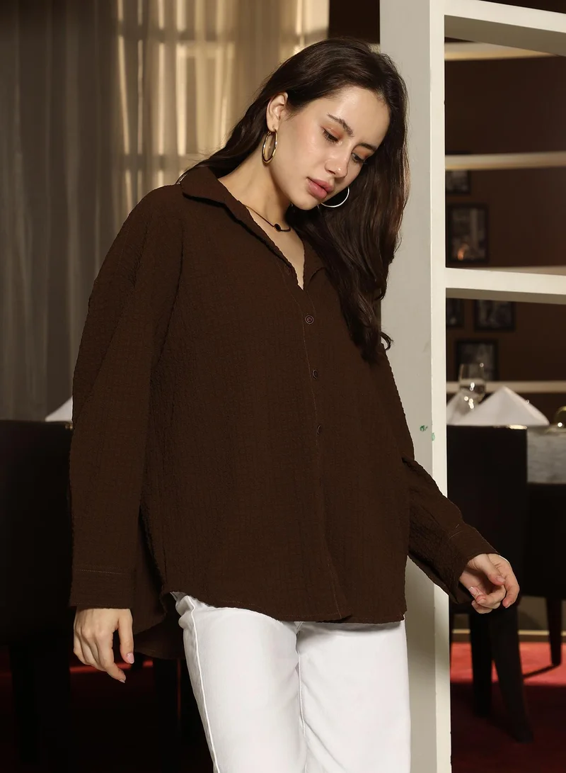 PINACOLADA Pinacolada Women's Chocolate Brown Cubic-Textured Oversized Shirt | Spread Collar , Long Cuffed Sleeves , Button Closure | Solid Pocket-Lycra Material | Polyester Blend Shirt For Casual Wear