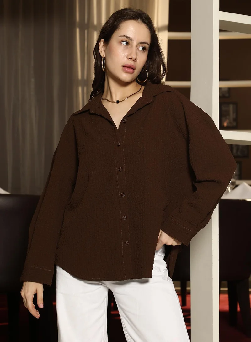 PINACOLADA Pinacolada Women's Chocolate Brown Cubic-Textured Oversized Shirt | Spread Collar , Long Cuffed Sleeves , Button Closure | Solid Pocket-Lycra Material | Polyester Blend Shirt For Casual Wear