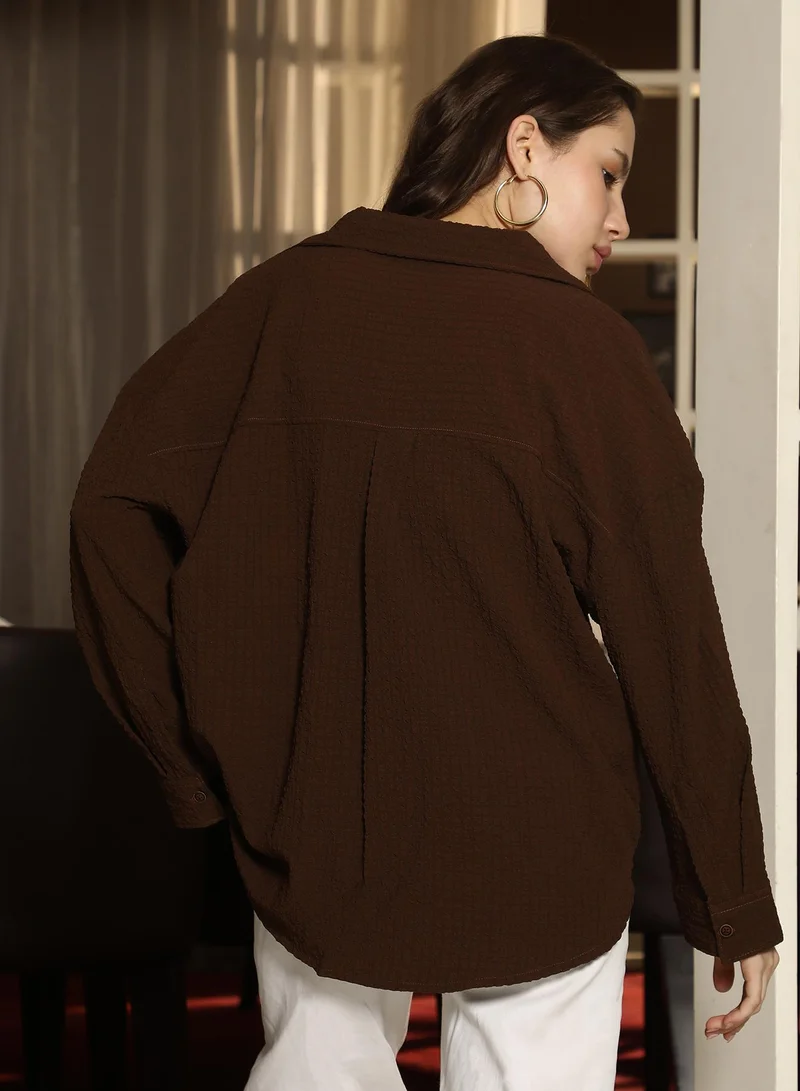 PINACOLADA Pinacolada Women's Chocolate Brown Cubic-Textured Oversized Shirt | Spread Collar , Long Cuffed Sleeves , Button Closure | Solid Pocket-Lycra Material | Polyester Blend Shirt For Casual Wear