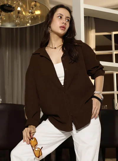 PINACOLADA Pinacolada Women's Chocolate Brown Cubic-Textured Oversized Shirt | Spread Collar , Long Cuffed Sleeves , Button Closure | Solid Pocket-Lycra Material | Polyester Blend Shirt For Casual Wear