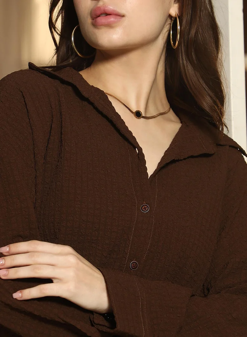 PINACOLADA Pinacolada Women's Chocolate Brown Cubic-Textured Oversized Shirt | Spread Collar , Long Cuffed Sleeves , Button Closure | Solid Pocket-Lycra Material | Polyester Blend Shirt For Casual Wear