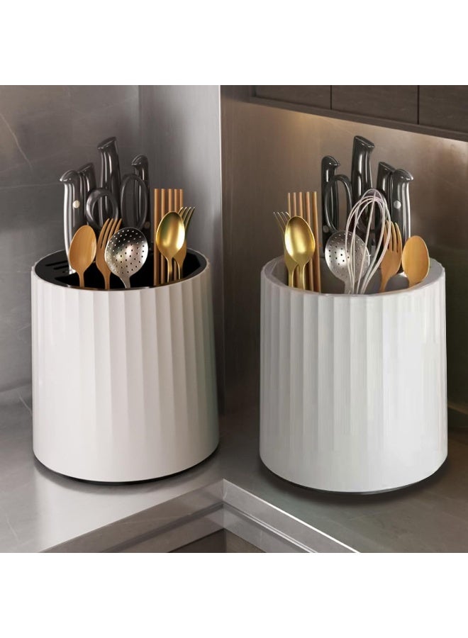 يلا جوي حامل السكين لعداد المطبخ,كتلة سكين عالمية بدون سكاكين,3 في 1 كتلة سكين دوار متعدد الوظائف,رف تجفيف أدوات المطبخ (أبيض) - Image 1