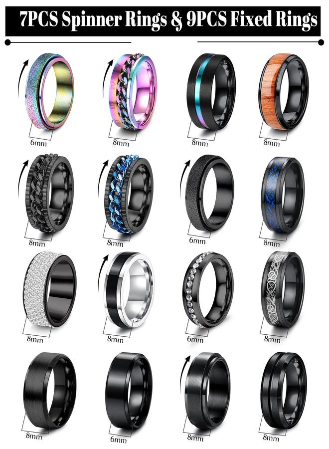 Besteel 16Pcs Stainless Steel Band Rings for Men Women Fidget Anxiety Relief Rings Cool Chain Beveled Edges Celtic Black Band Spinner Rings Set for Wedding Promise Mens Rings Pack - Image 3