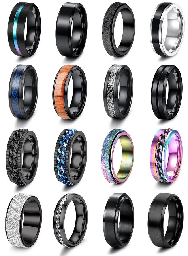 Besteel 16Pcs Stainless Steel Band Rings for Men Women Fidget Anxiety Relief Rings Cool Chain Beveled Edges Celtic Black Band Spinner Rings Set for Wedding Promise Mens Rings Pack - Image 1