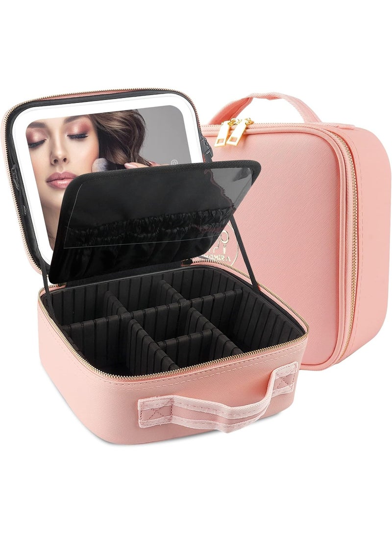 Travel Makeup Bag Cosmetic Bag Makeup Organizer Bag with Lighted Mirror, Adjustable Brightness in 3 Color Scenarios, Waterproof Makeup Train Case, Gift for Women - Pink - Image 1
