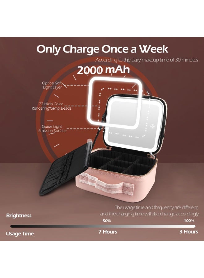 Travel Makeup Bag Cosmetic Bag Makeup Organizer Bag with Lighted Mirror, Adjustable Brightness in 3 Color Scenarios, Waterproof Makeup Train Case, Gift for Women - Pink - Image 3