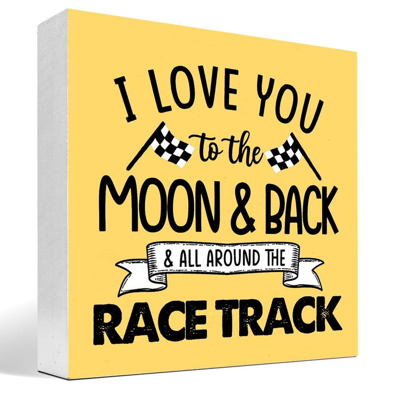z-crange z-crange I Love You To The Moon And Back And All Around The Race Track Wood Box Sign Desk Decor Farmhouse Racing Checkered Flags Box Block Sign for Home Boys Room Shelf Table Decor Decorations Orange - Image 1