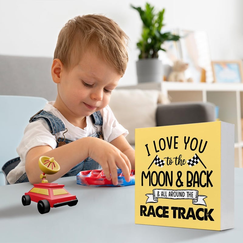 z-crange z-crange I Love You To The Moon And Back And All Around The Race Track Wood Box Sign Desk Decor Farmhouse Racing Checkered Flags Box Block Sign for Home Boys Room Shelf Table Decor Decorations Orange - Image 5