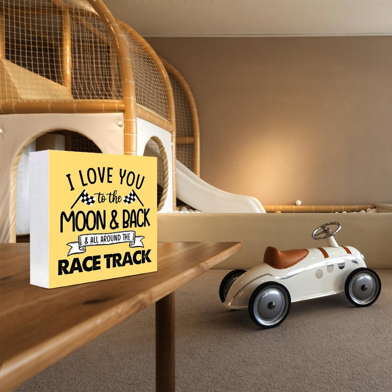 z-crange z-crange I Love You To The Moon And Back And All Around The Race Track Wood Box Sign Desk Decor Farmhouse Racing Checkered Flags Box Block Sign for Home Boys Room Shelf Table Decor Decorations Orange - Image 4