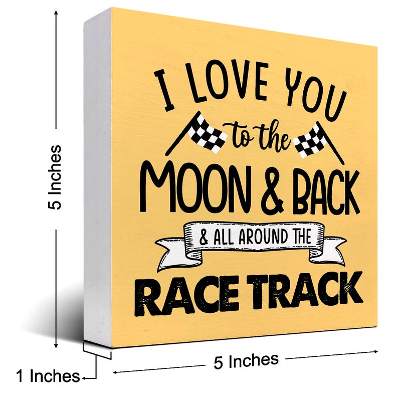 z-crange z-crange I Love You To The Moon And Back And All Around The Race Track Wood Box Sign Desk Decor Farmhouse Racing Checkered Flags Box Block Sign for Home Boys Room Shelf Table Decor Decorations Orange - Image 2