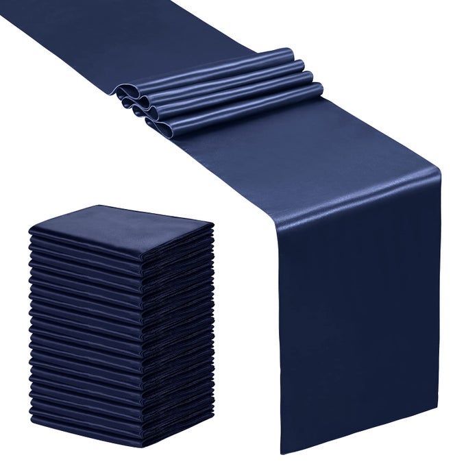 24 PCS SATIN TABLE RUNNER 12 X 108 INCHES LONG NAVY BLUE BRIGHT SMOOTH SATIN WEDDING TABLE RUNNER DECORATIONS FOR BIRTHDAY PARTIES BUFFET BANQUETS GRADUATIONS ENGAGEMENTS