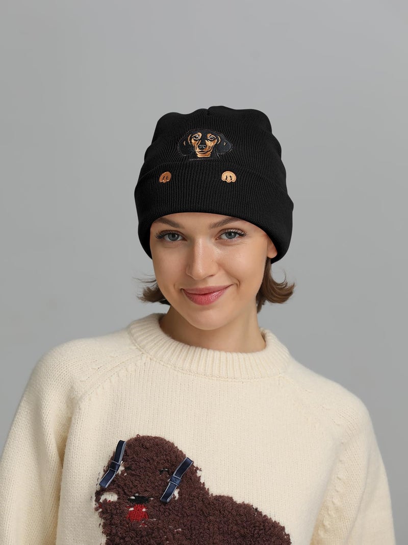 SWIMLANCE Dachshund Gifts Beanie Hat for Women Men Weiner Dog Lovers Mom Dad Cute Animal Embroidered Knit Hat Funny Birthday Christmas Stocking Stuffers Gifts Stuff Decor Costume Accessories Black - Image 2